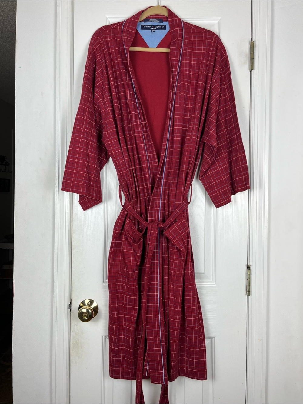 Vintage 90’s Tommy Hilfiger 100% Cotton Dark Cranberry Plaid Belted Bath Robe